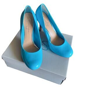 NEW Jessica Simpson Patent Slip On Heels Round‎ Toe Capri Blue Size 8.5